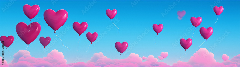 Pink heart-shaped balloons floating in a blue sky with pink clouds in the background.