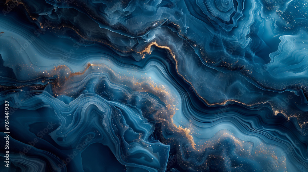 The image is a blue and gold swirl that appears to be made of glitter The image is a blue and gold swirl that appears to be made of glitter