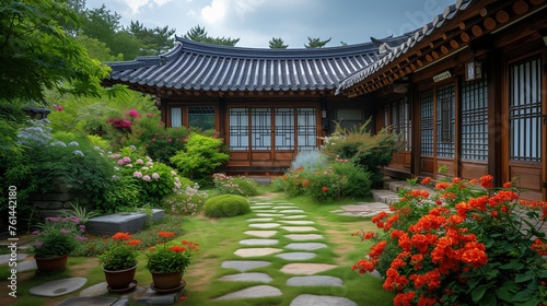 A luxurious Korean traditional house with a garden. Generative AI