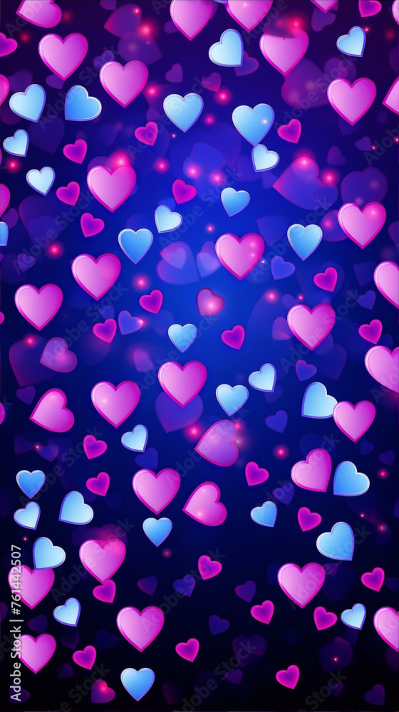 Blue and pink hearts of various sizes on a dark blue background with a gradient.
