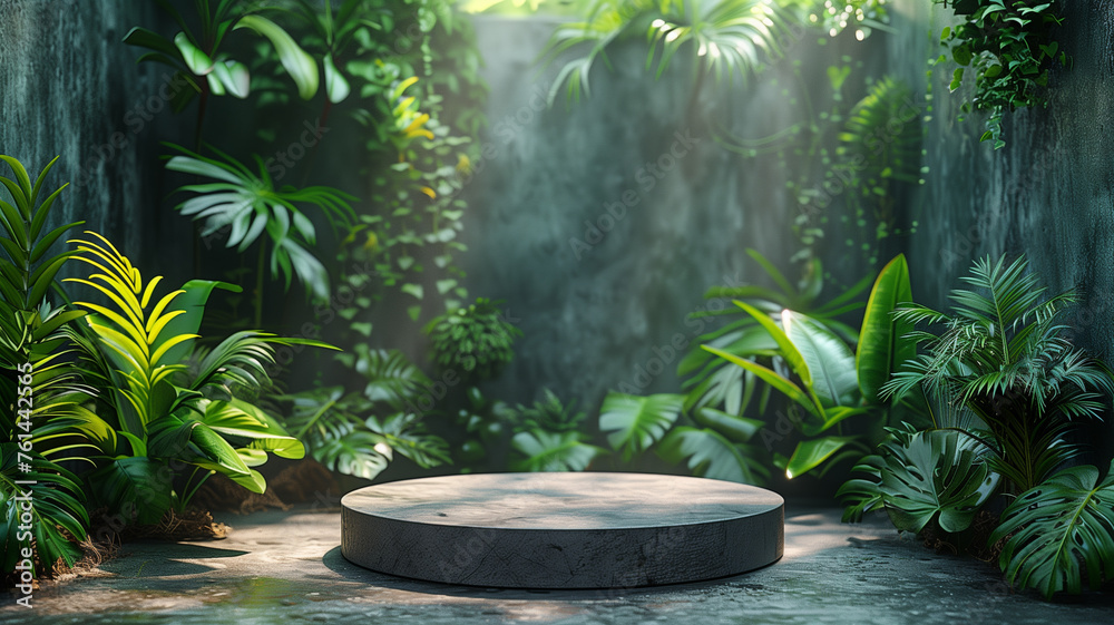 A small, round stone platform is surrounded by lush green plants A small, round stone platform is surrounded by lush green plants