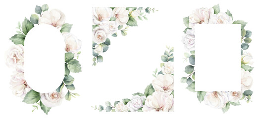 White roses and eucalyptus branches. Watercolor floral wreath. Foliage arrangement for wedding , greetings, wallpapers, fashion, fabric, home decoration. Hand painted illustration.