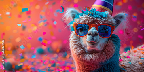 A llama wearing sunglasses and a party hat is surrounded by confetti
