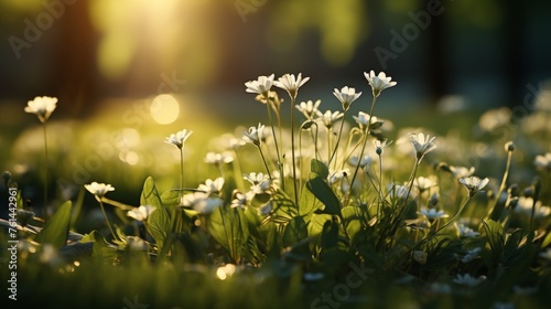 Peaceful spring sunset scene with a clearing of white wildflowers in lush green grass