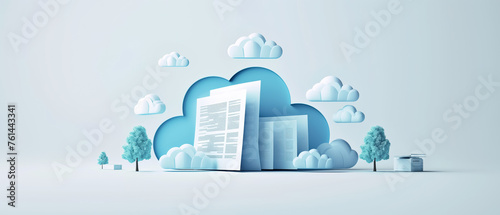 A conceptual 3D illustration depicting documents among stylized cloud shapes photo