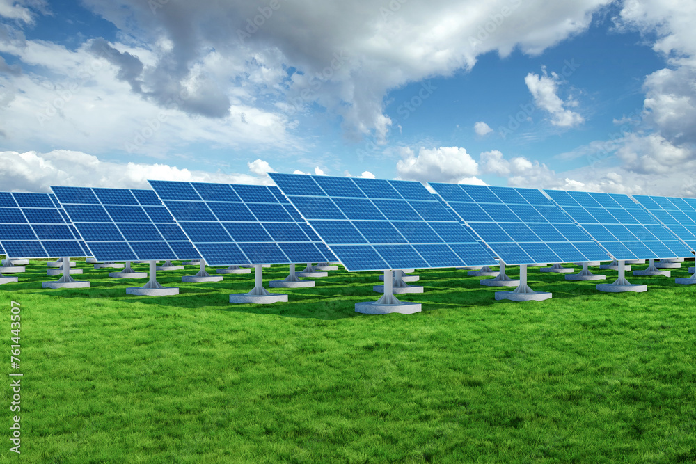 Alternative energy, green energy, solar panels on green grass, photovoltaic panels, solar energy collection. Mixed media, copy space. Alternative energy, green energy, solar panels on green grass, photovoltaic panels, solar energy collection. Mixed media, copy space.