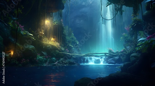A hidden waterfall in a lush, bioluminescent jungle with magical creatures dwelling in the foliage. photo