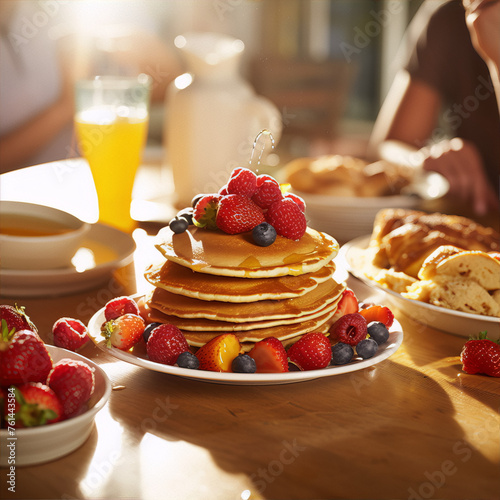 Still life of a plate of pancakes with syrup and fresh berries on a wooden table.