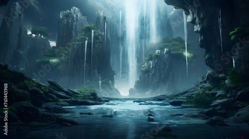 A majestic waterfall in an alien landscape, surrounded by crystalline structures and exotic flora.