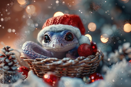 A cute funny little snake in a Santa hat peeks out of a basket containing Christmas Tree decorations and a Christmas tree. New Year's greeting card.