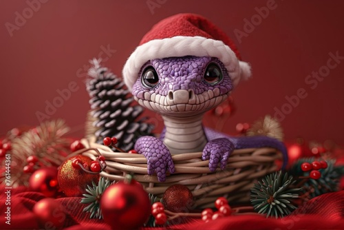 A cute funny little lizard in a Santa hat peeks out of a basket containing Christmas Tree decorations and a Christmas tree. New Year's greeting card.