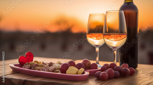 Two glasses of white wine and a plate with snacks on a wooden table against the backdrop of a sunset over the ocean in warm colors.