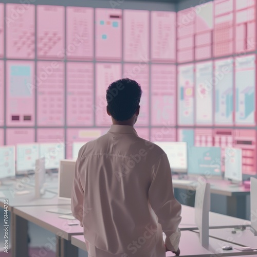 Logistics manager immersed in AI-driven operational oversight, surrounded by screens of data