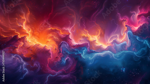 A colorful space scene with a purple and blue cloud in the middle