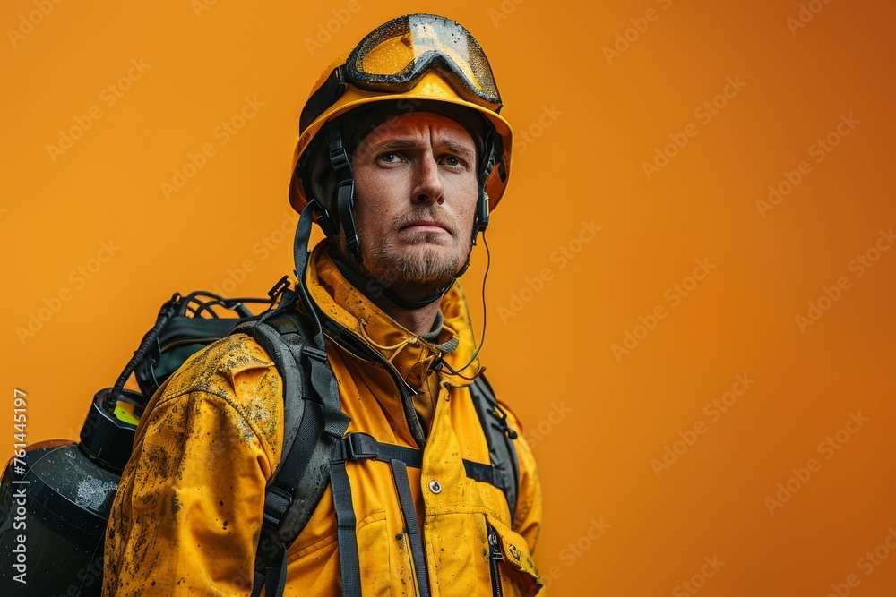 Fototapeta premium Brave wildland firefighter in full gear against a vivid orange backdrop