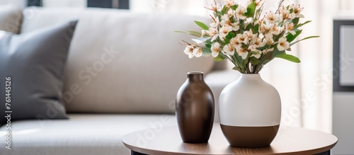 Two vases filled with flowers adorn a wooden table in a living room, adding a pop of color to the interior design
