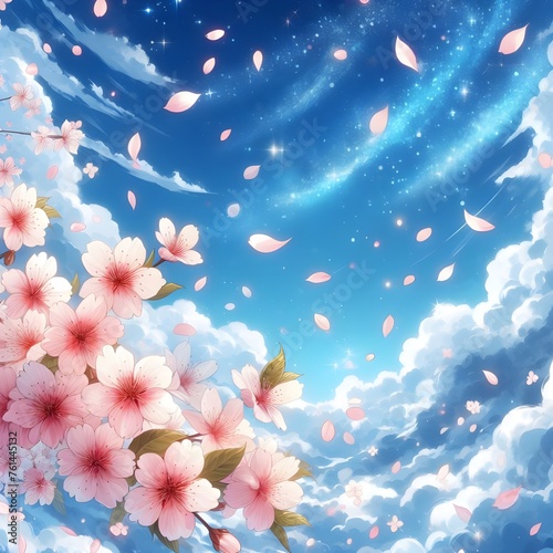 Illustration of blue sky and falling cherry blossom petals. generative ai