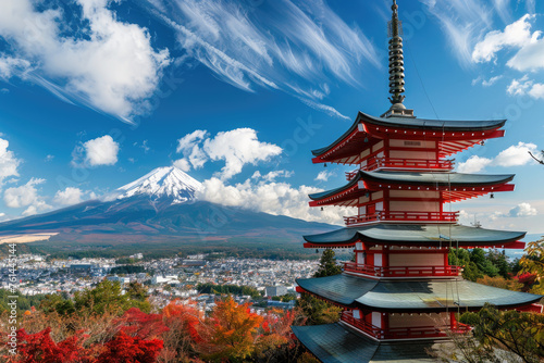 A beautiful red pagoda with Mount Fuji in the background, a Japanese cityscape in autumn, a clear blue sky