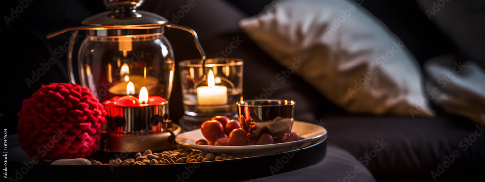 Still life photography of a lit candle and cup on a plate with pebbles and a decorative flower. Still life photography of a lit candle and cup on a plate with pebbles and a decorative flower.