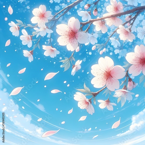 Illustration of blue sky and falling cherry blossom petals. generative ai