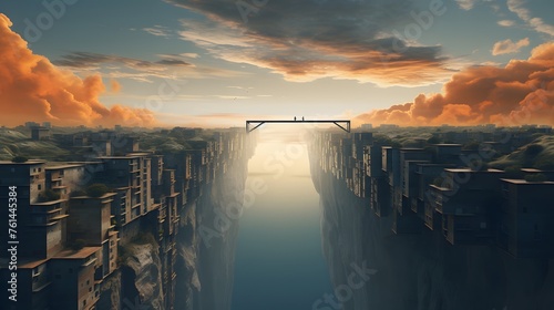 A parallel universe where gravity is sideways, creating a surreal cityscape on the edge of a cliff.
