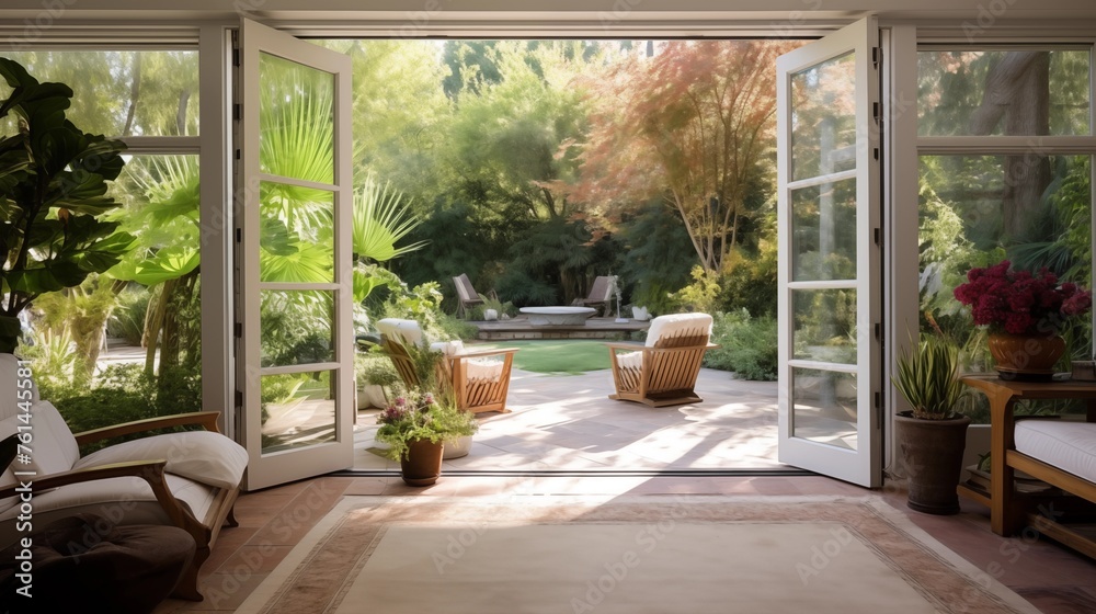 Fototapeta premium Sunroom with sliding glass doors opening to a tranquil courtyard.