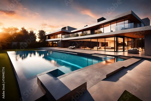 house with swimming pool in sun rays looking soo beutiful photo