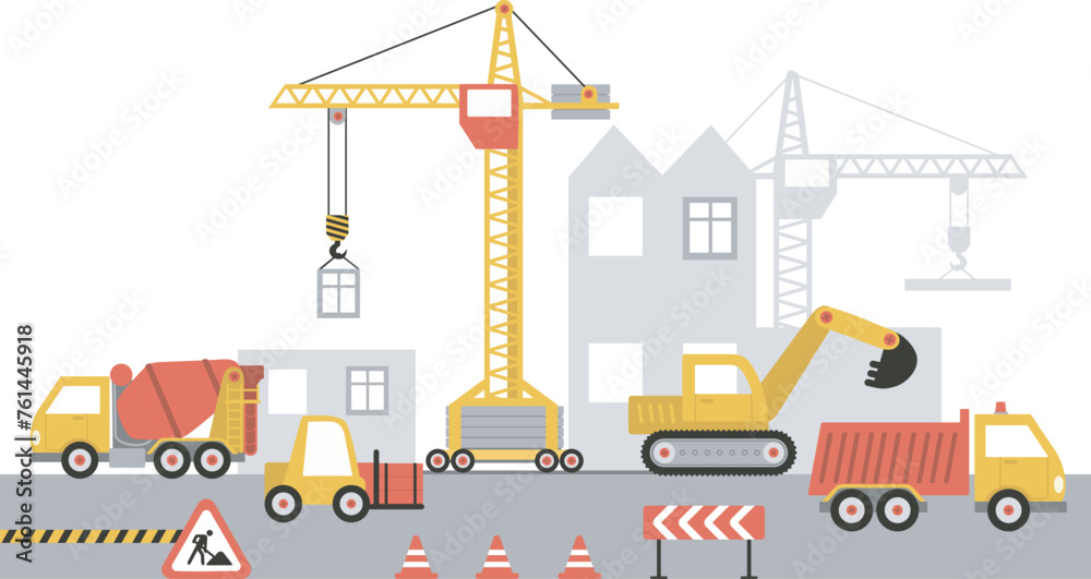 Construction site, building a house. Working process. Tower crane, excavator, and various heavy machinery.