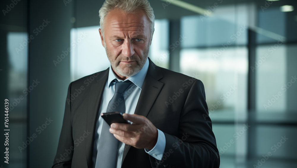Focused CEO Reading on Smartphone in Modern Office Focused CEO Reading on Smartphone in Modern Office