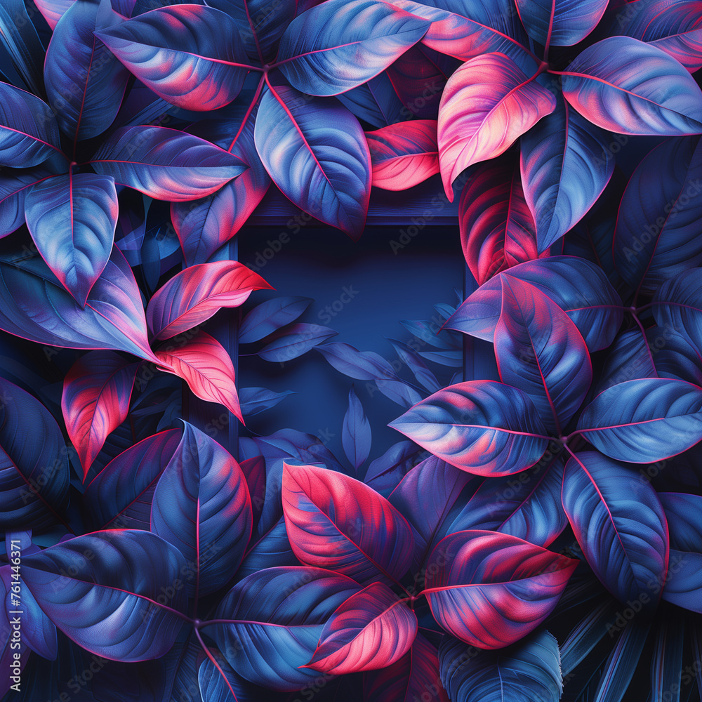 A blue and pink leafy plant with a purple background A blue and pink leafy plant with a purple background