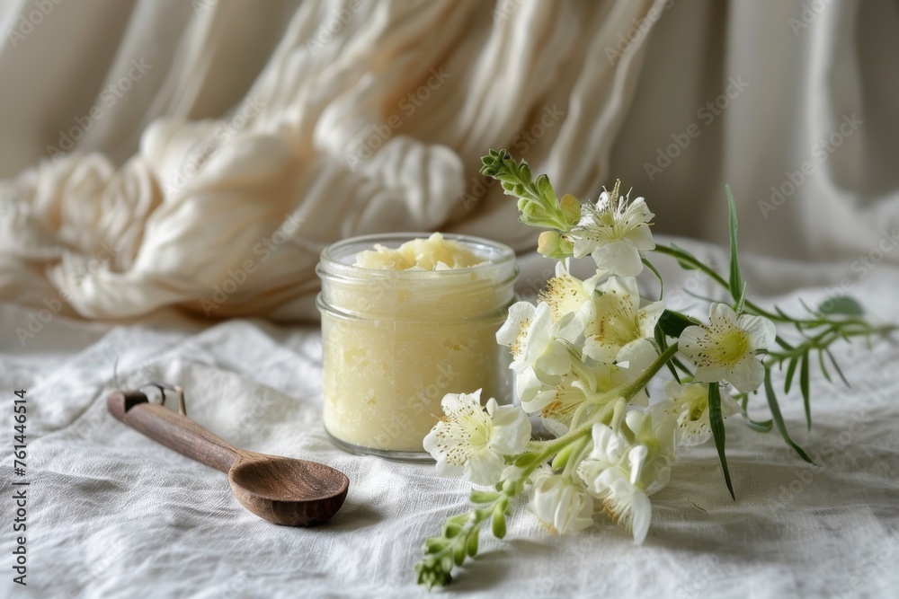 An elegant display of Verbascum (Mullein) herbal ointment in a glass jar, with a wooden spoon resting beside it, and a bouquet of Mullein flowers in the background.