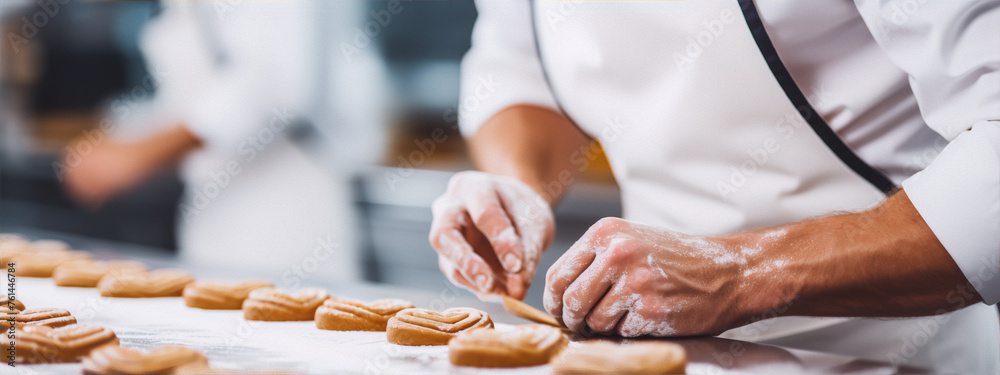 Male chef making cookies in commercial kitchen - obrazy, fototapety, plakaty 