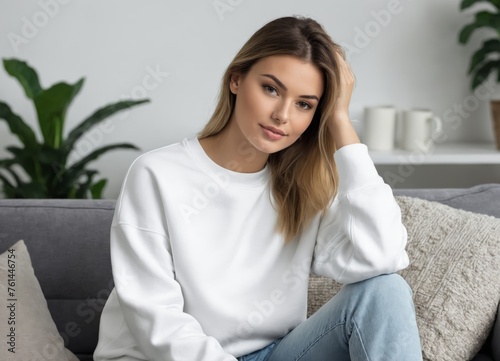 Young woman wearing blank white crewneck sweatshirt. 