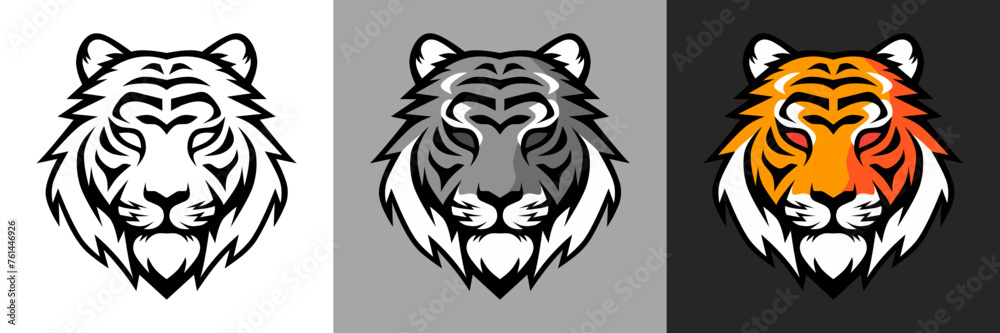 Tiger Head Vector Set, Line Art, BW, Color, Illustration