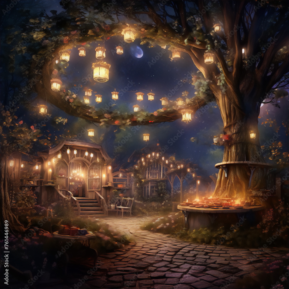 Mystical moonlit garden with glowing mushrooms and flowers in a surreal dream world