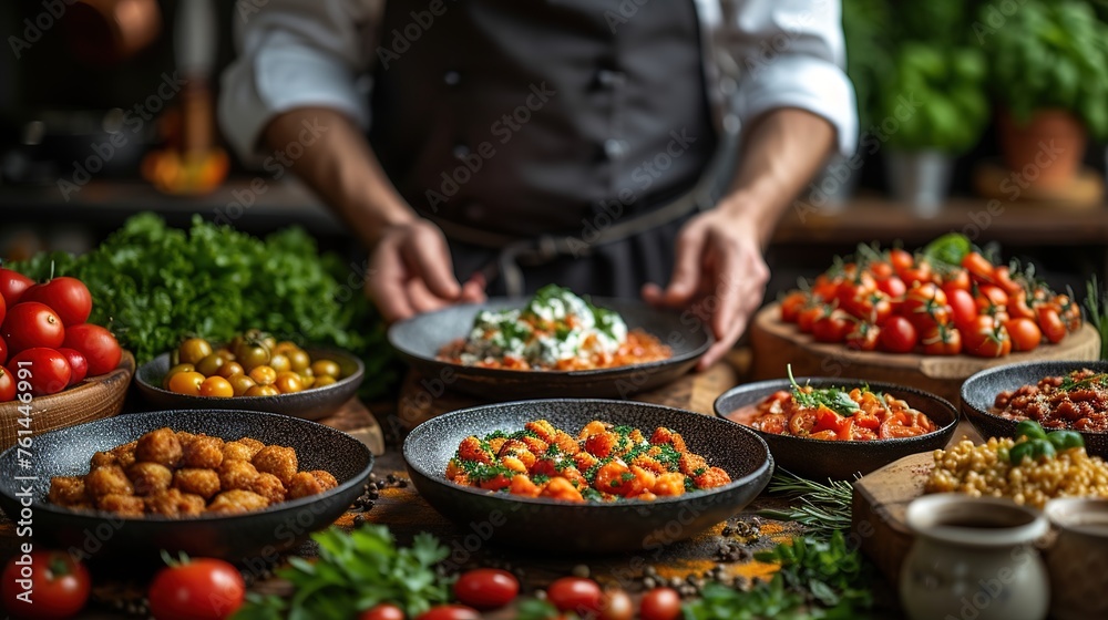 Obraz premium man is cooking in front of a table filled with natural foods such as plum tomatoes, bush tomatoes, and other vegetables. These whole foods are important ingredients in local cuisine