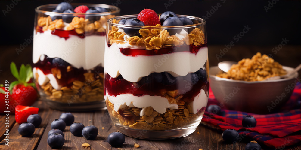 Still life photography of two parfait glasses with layers of granola, yogurt, and berries, with a bowl of granola and fresh berries on the side, on a wooden table. Still life photography of two parfait glasses with layers of granola, yogurt, and berries, with a bowl of granola and fresh berries on the side, on a wooden table.