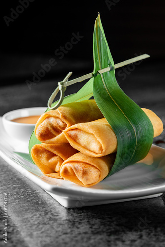 Golden spring rolls tied with a green pandan leaf, served on a white plate with dipping sauce, against a dark textured background photo