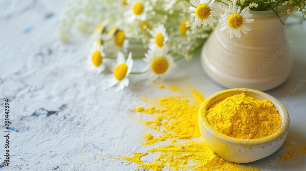 Natural and Aromatic Yellow Powder in a Bowl with Daisy Flowers, Happy Holi Festival Concept.