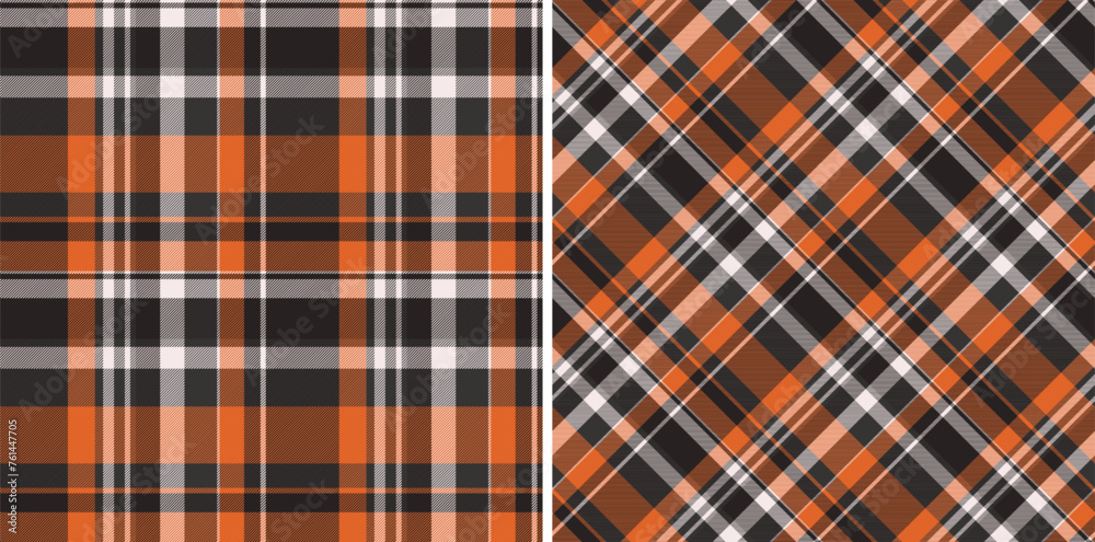 Background plaid texture of pattern vector tartan with a seamless textile fabric check. Set in halloween colors for garment industry trends. Background plaid texture of pattern vector tartan with a seamless textile fabric check. Set in halloween colors for garment industry trends.