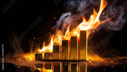 Gold bars are burning Stock chart flames are rising on a black background