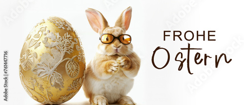 Frohe Ostern Konzept Feiertag Grußkarte mit deutschem Text  - Cooler Osterhase mit Sonnenbrille und goldenes Osterei, isoliert auf weissem Hintergrund photo