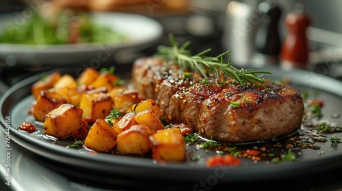 closeup shot of a delicious dish featuring meat and potatoes on a table. The meal with fines herbes, highlighting the fresh produce and ingredients used in the cuisine