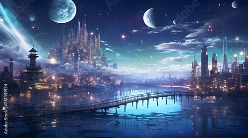 A surreal cityscape with floating islands connected by luminous bridges, under a starlit sky. © pipo