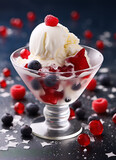 Ice cream with berries in a glass bowl on a dark blue background.