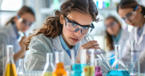 A group of young attractive male and female scientists working in a laboratory using flasks and test tubes while wearing lab coats. The concept of scientific research and discovery