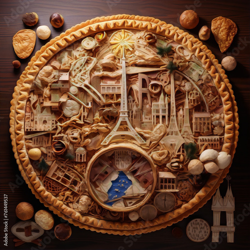 3D illustration of a pie made of intricately carved wood with famous buildings from around the world on a wooden table.
