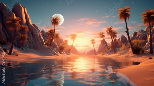 A surreal desert oasis with crystal-clear waters surrounded by towering sand dunes and a vivid sunset.