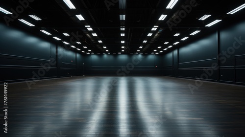 empty room with dark floor and lights on it