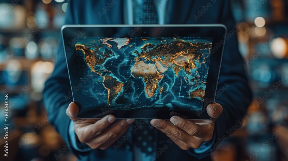 a man in a suit with a tablet holding a world map - obrazy, fototapety, plakaty 